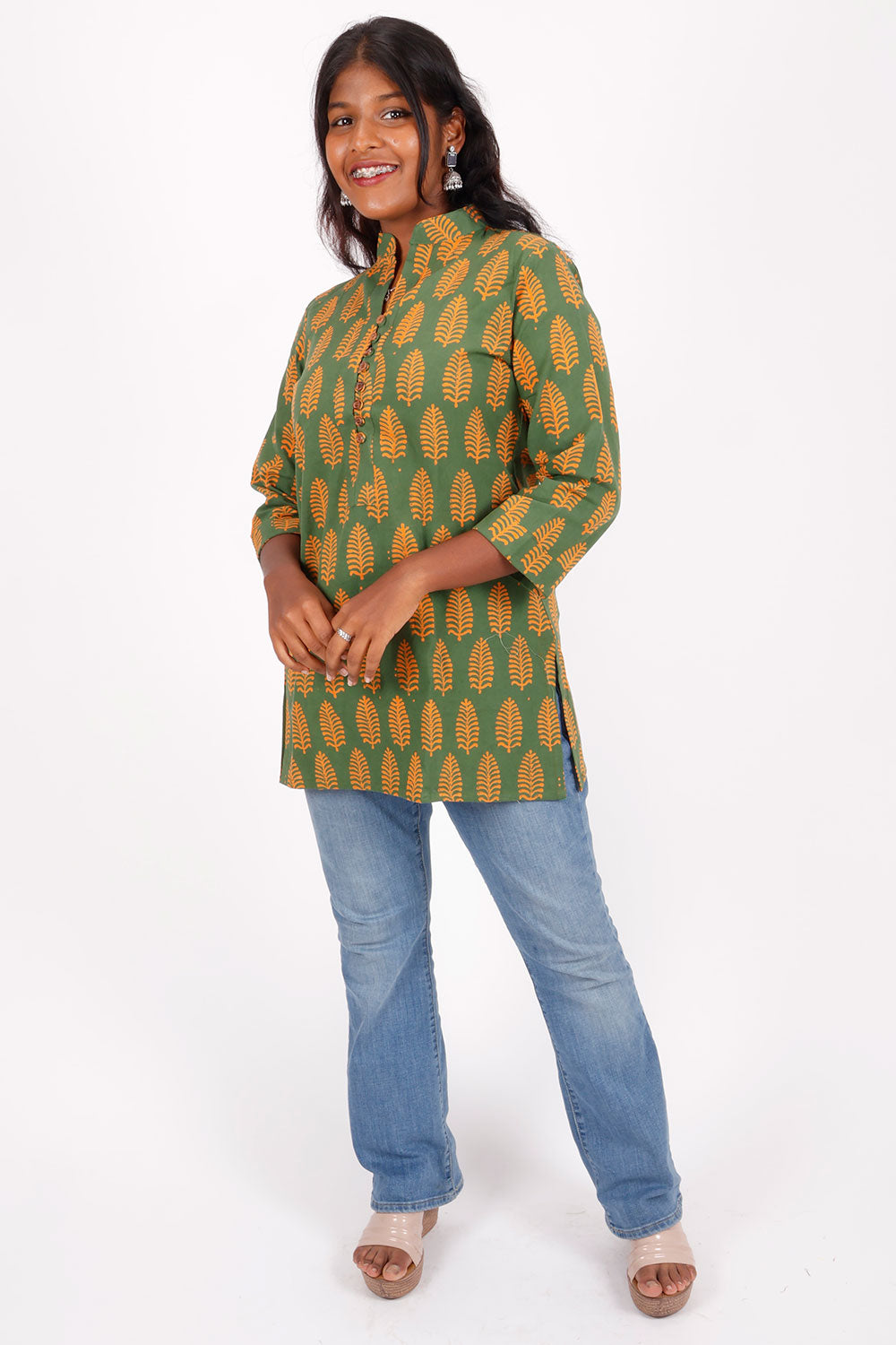 Green Gamthi Print Cotton Short Top