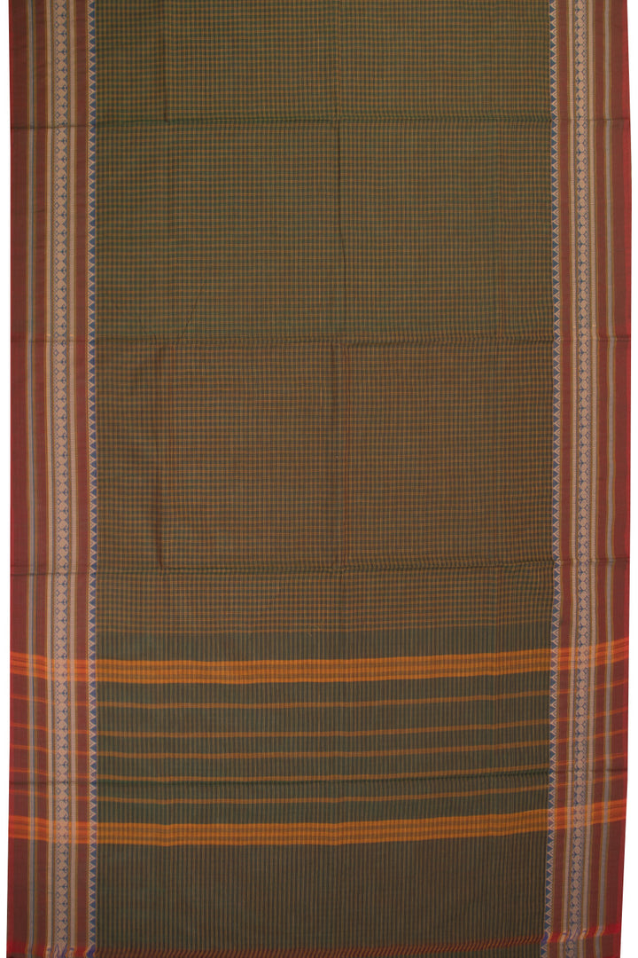 Dark Olive Green Handwoven Kanchi Cotton Saree Without Blouse