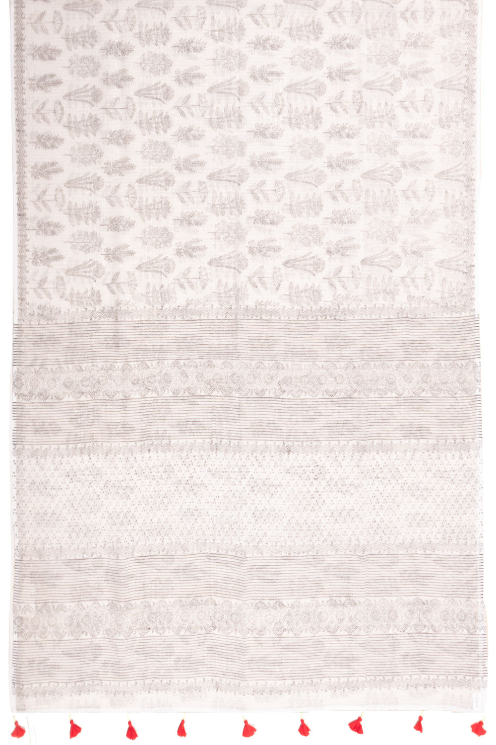 White Hand Block Printed Kota Cotton Saree Without Blouse