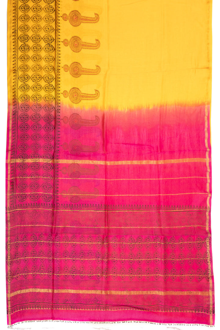 Yellow Printed Chanderi Silk Cotton Saree