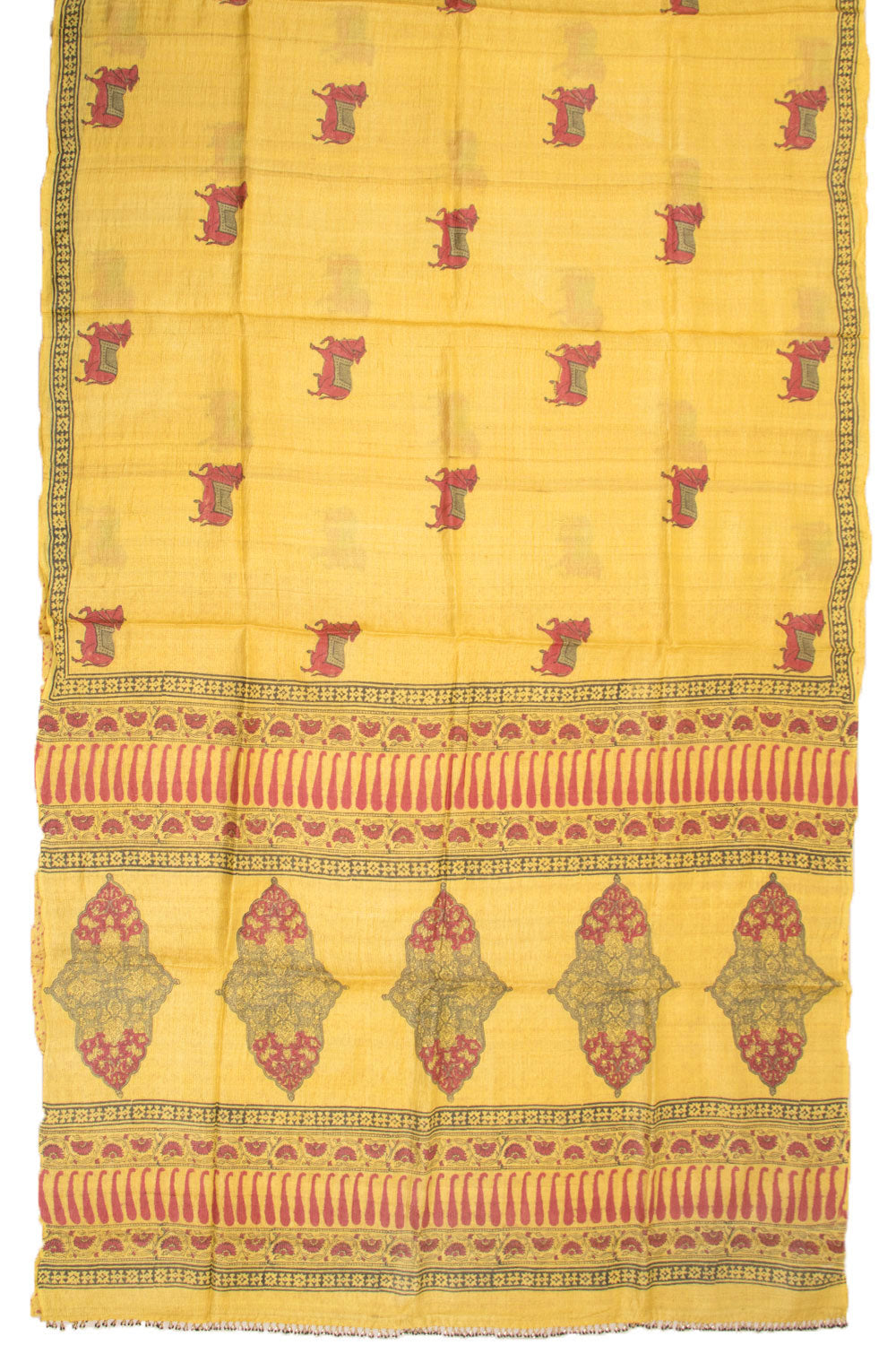 Yellow Hand Block Printed Tussar Silk Saree 10072554