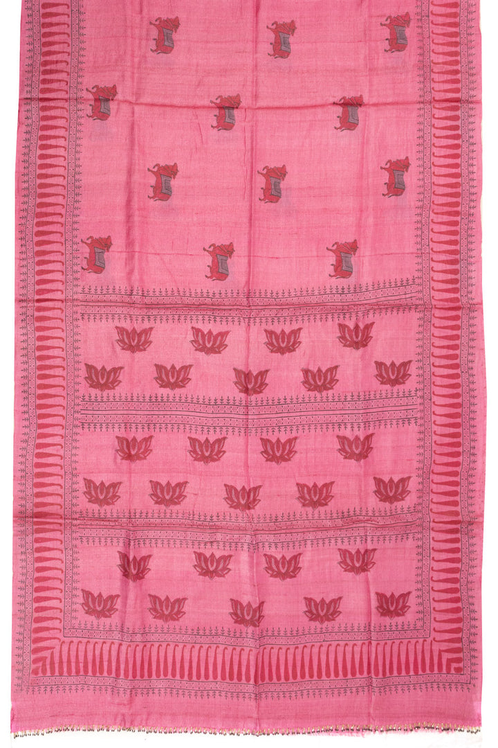 Pink Hand Block Printed Tussar Silk Saree