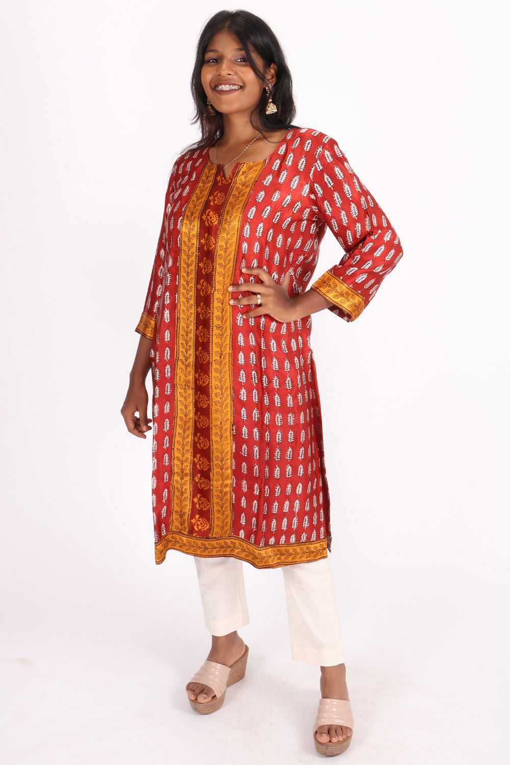 Red Handcrafted Bagh Printed Modal Silk Kurta