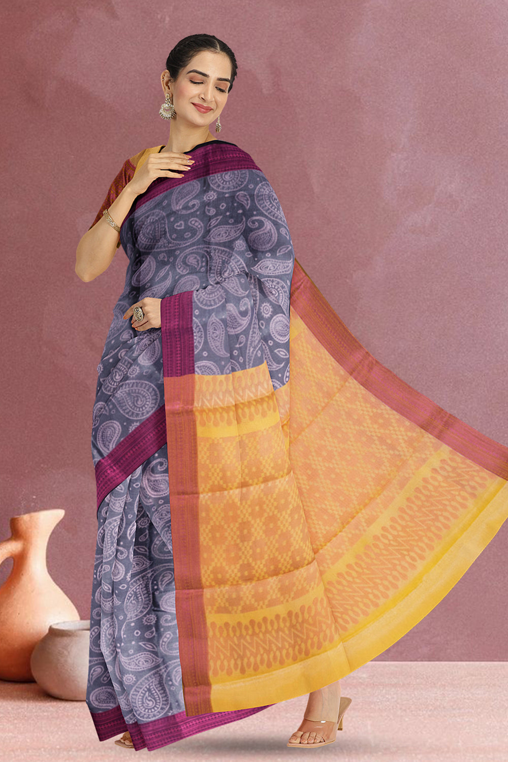 Grey South Tissue Silk Cotton Saree 10073579