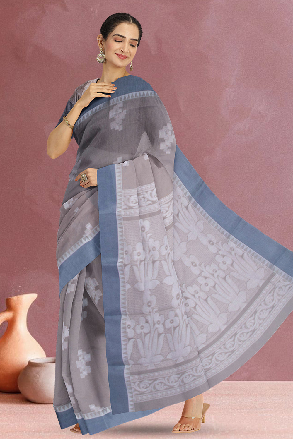 Grey South Tissue Silk Cotton Saree 10073590