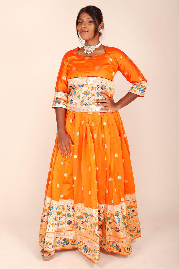 Orange Handcrafted Paithani Lehenga-Avishya