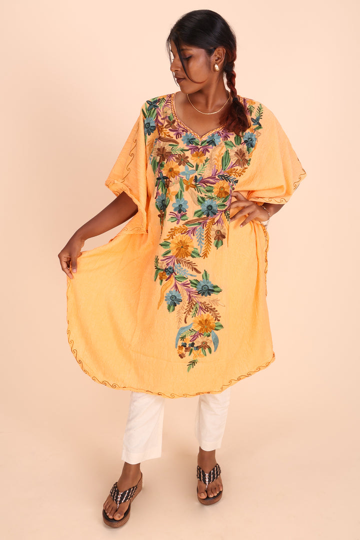  Canary Yellow Sozni Embroidered Cotton Kaftan 10070456