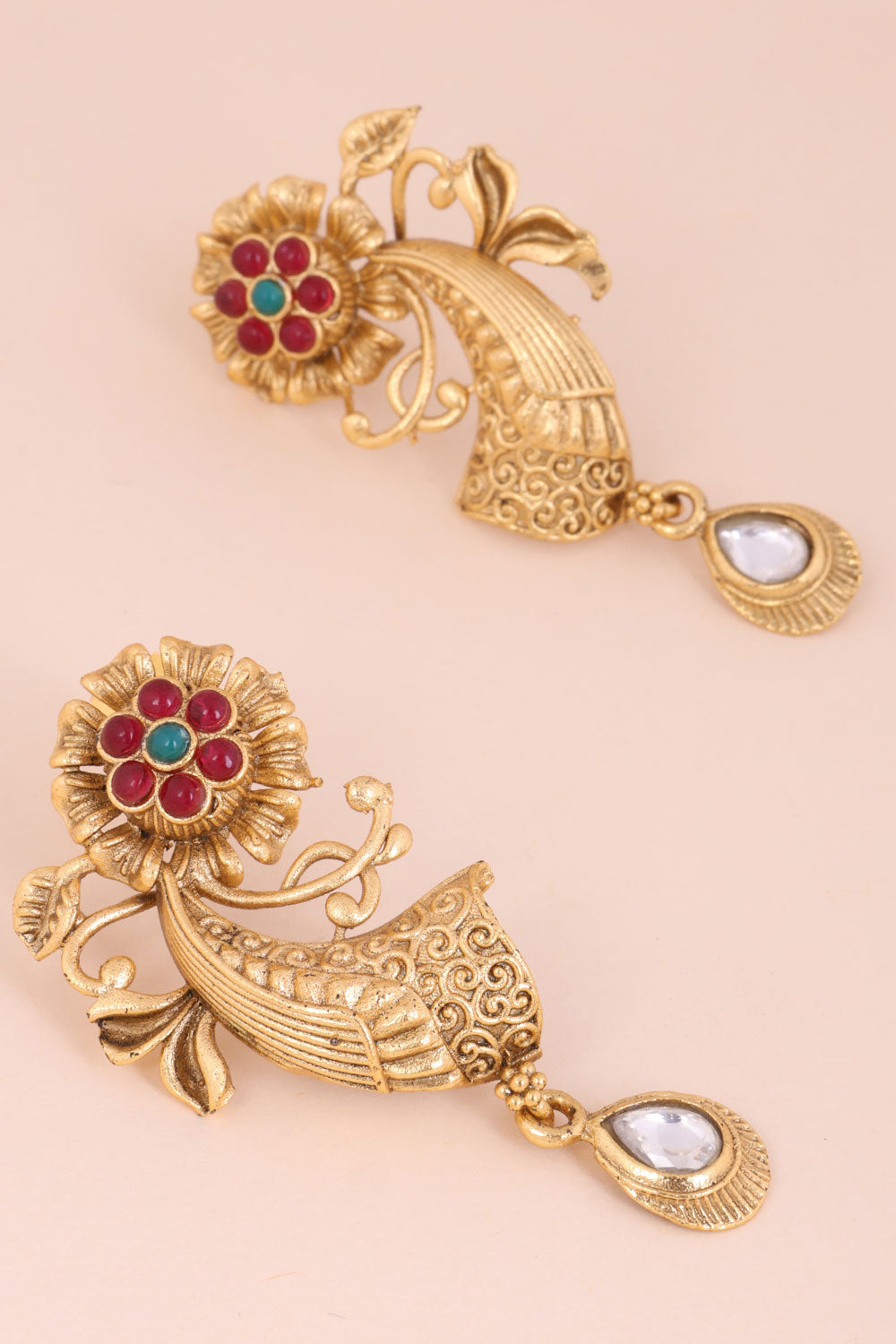 Gold Plated Chandbali Earring With Floral Motif