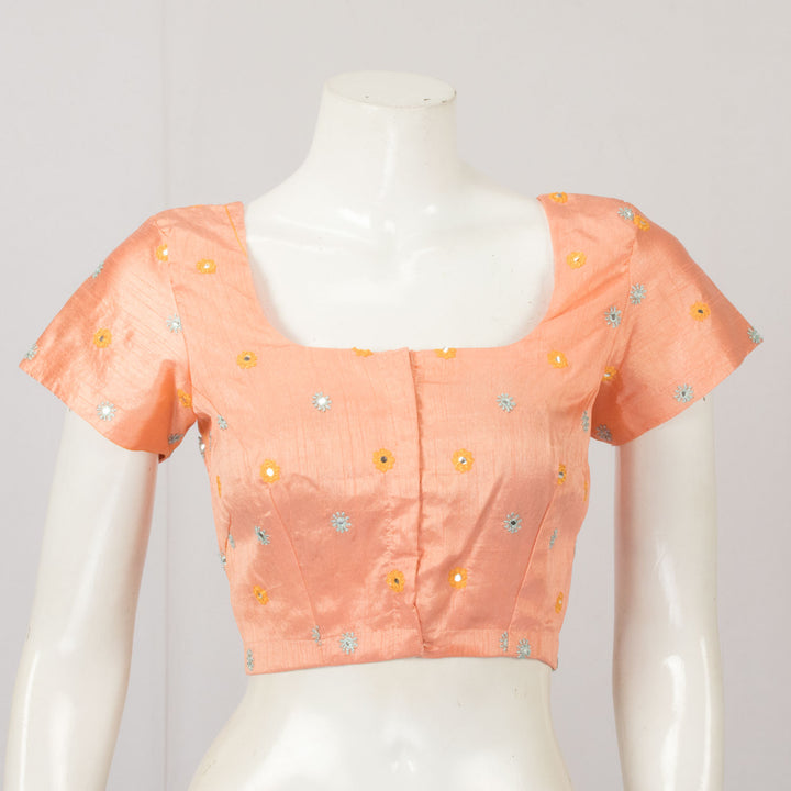 Peach Hand Embroidered Mirror Work Silk Blouse - Avishya