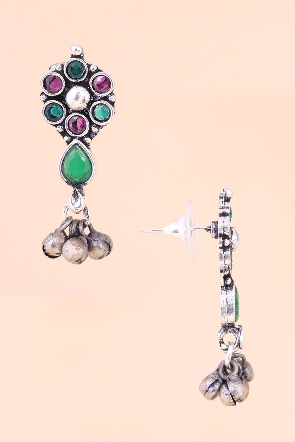 Multi Stone Oxidised Earring With Ghungroo