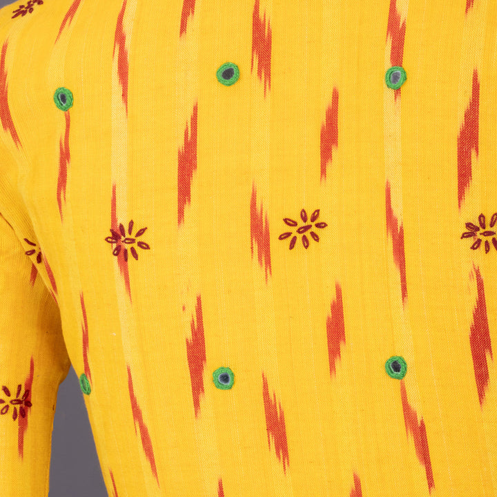 Yellow Ikat Mirror Work Embroidered Cotton Blouse