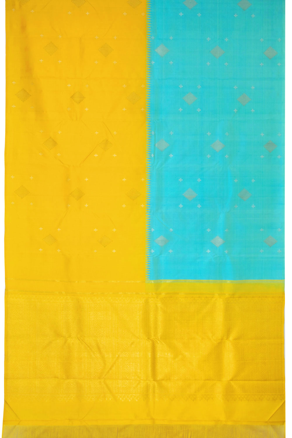 Yellow & Blue Pure Zari Korvai Kanjivaram Silk Saree 10063123