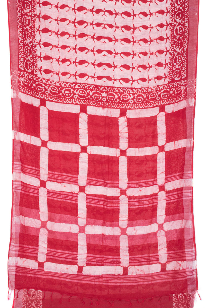 Red and Off White Batik Printed Linen Cotton Saree - 10063860