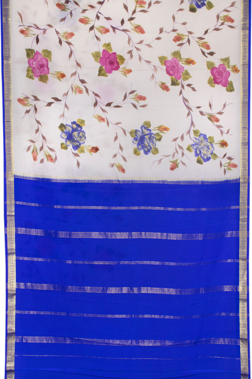 White with Blue Mysore Crepe Silk Saree - 10064296