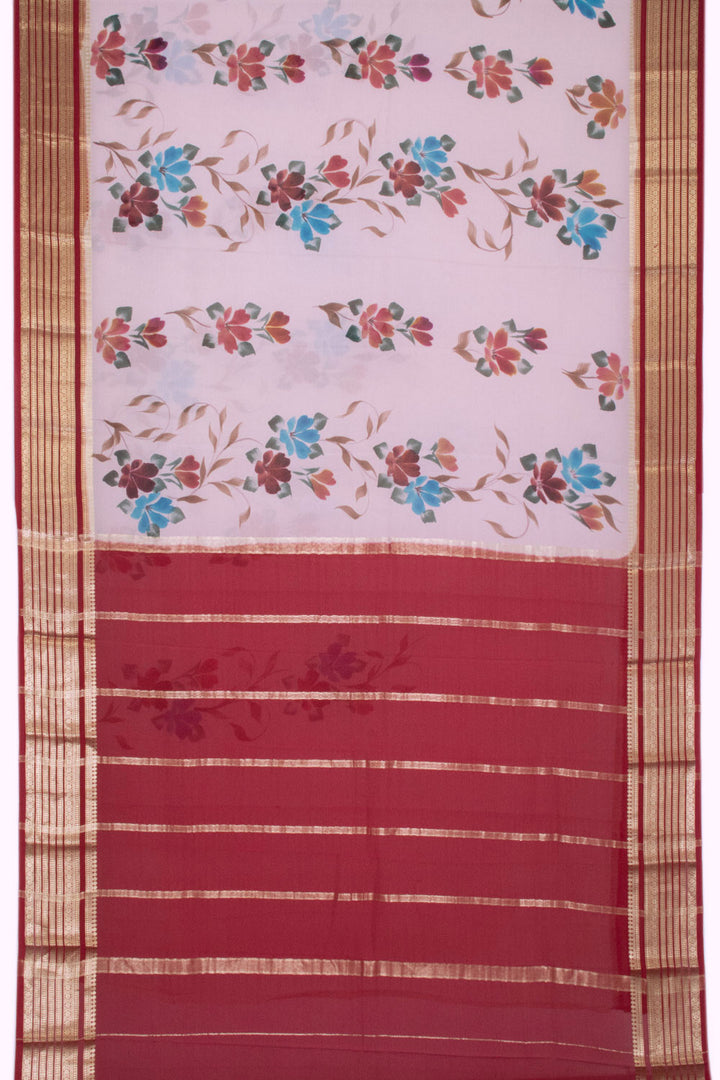 White with Maroon Mysore Crepe Silk Saree - 10064299