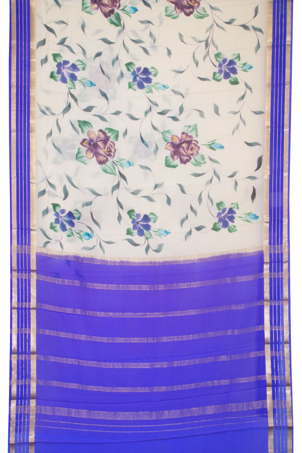 White with Blue Mysore Crepe Silk Saree - 10064300