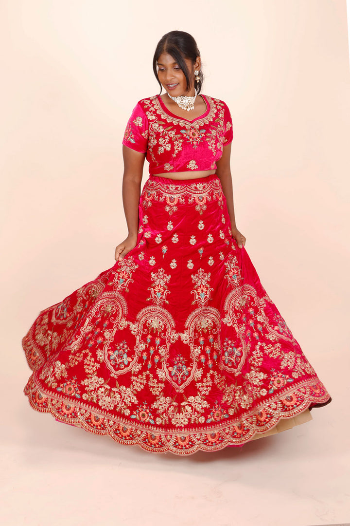 Red Shot Pink Net Silk Embroidered Lehenga 10066162