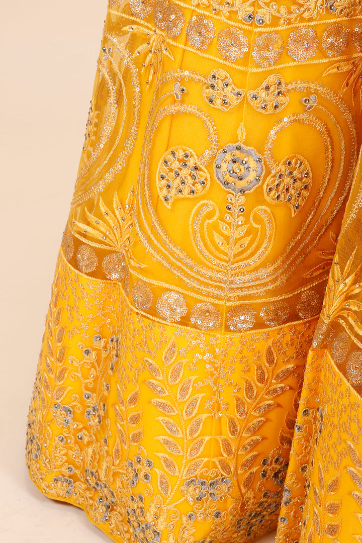 Yellow Net Silk Embroidered Lehenga 