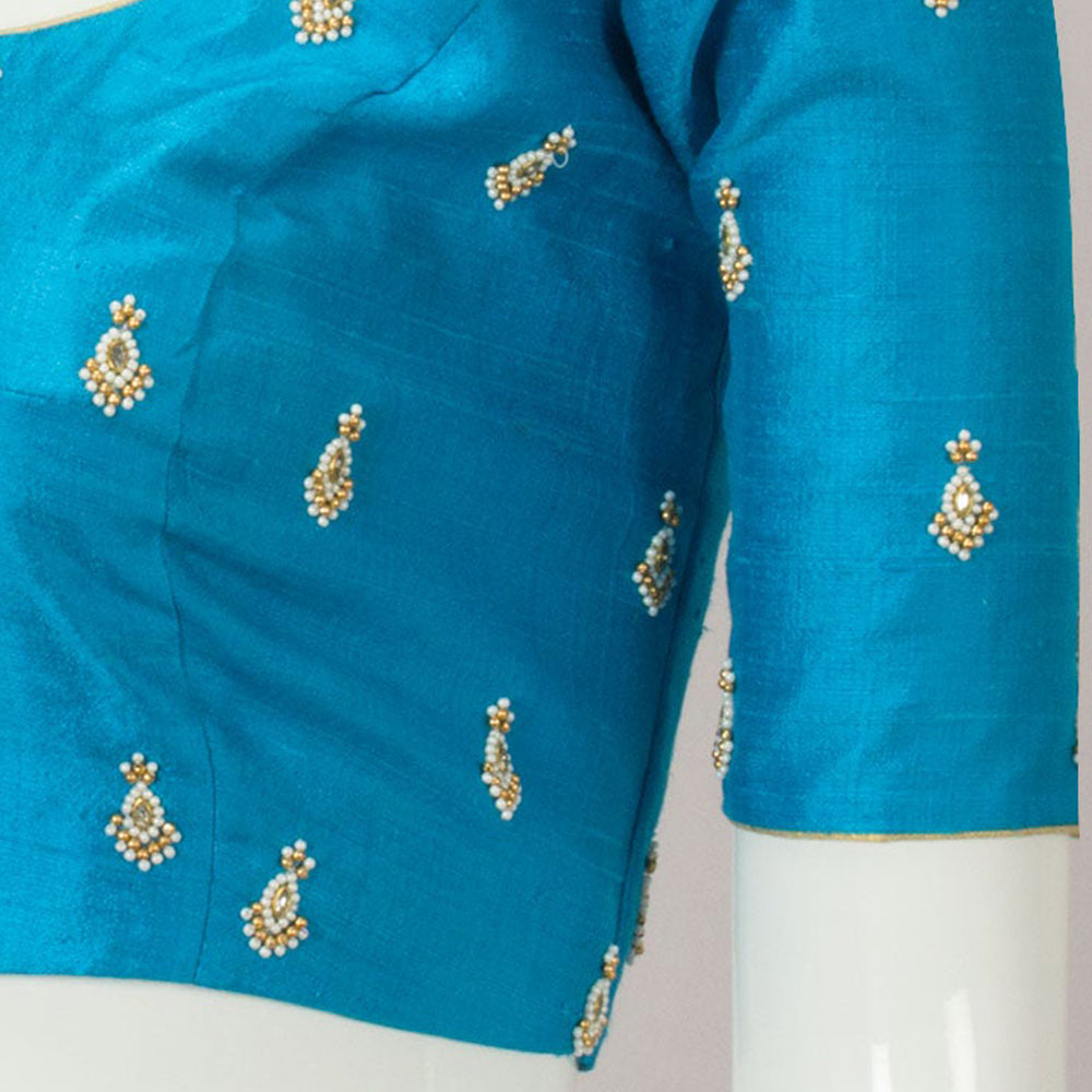 Blue Aari Embroidered Raw Silk Blouse 10066509