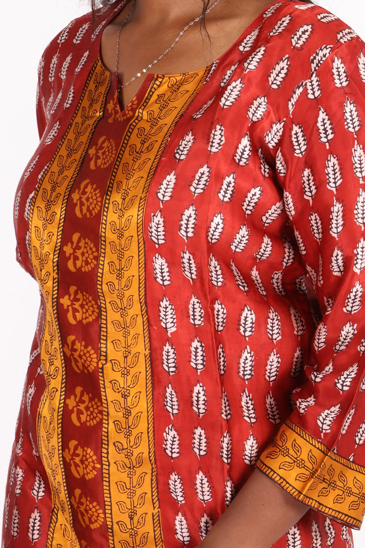 Red Handcrafted Bagh Printed Modal Silk Kurta