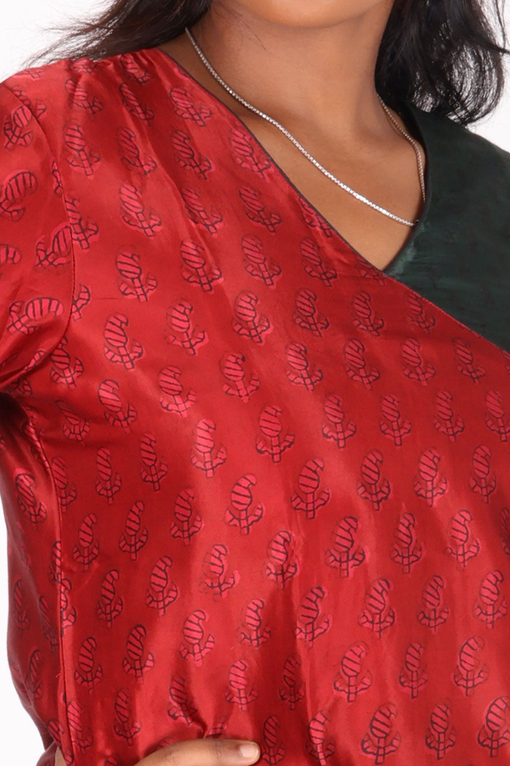 Maroon and Green Handcrafted Bagh Printed Modal Short Top 