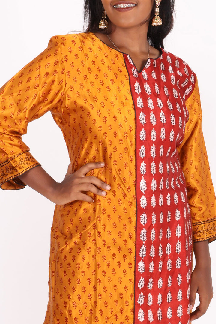 Yellow Handcrafted Bagh Printed Modal Silk Kurta