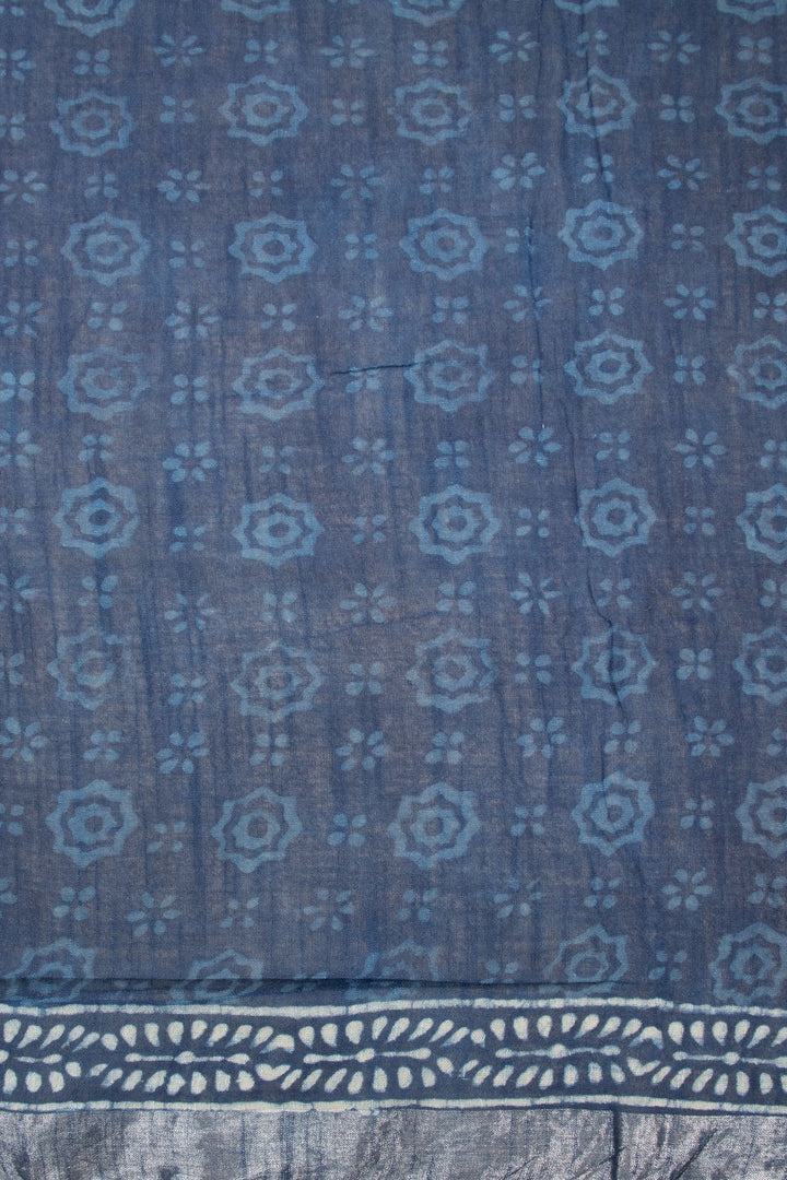 Space Blue Hand Block Printed linen saree-Avishya