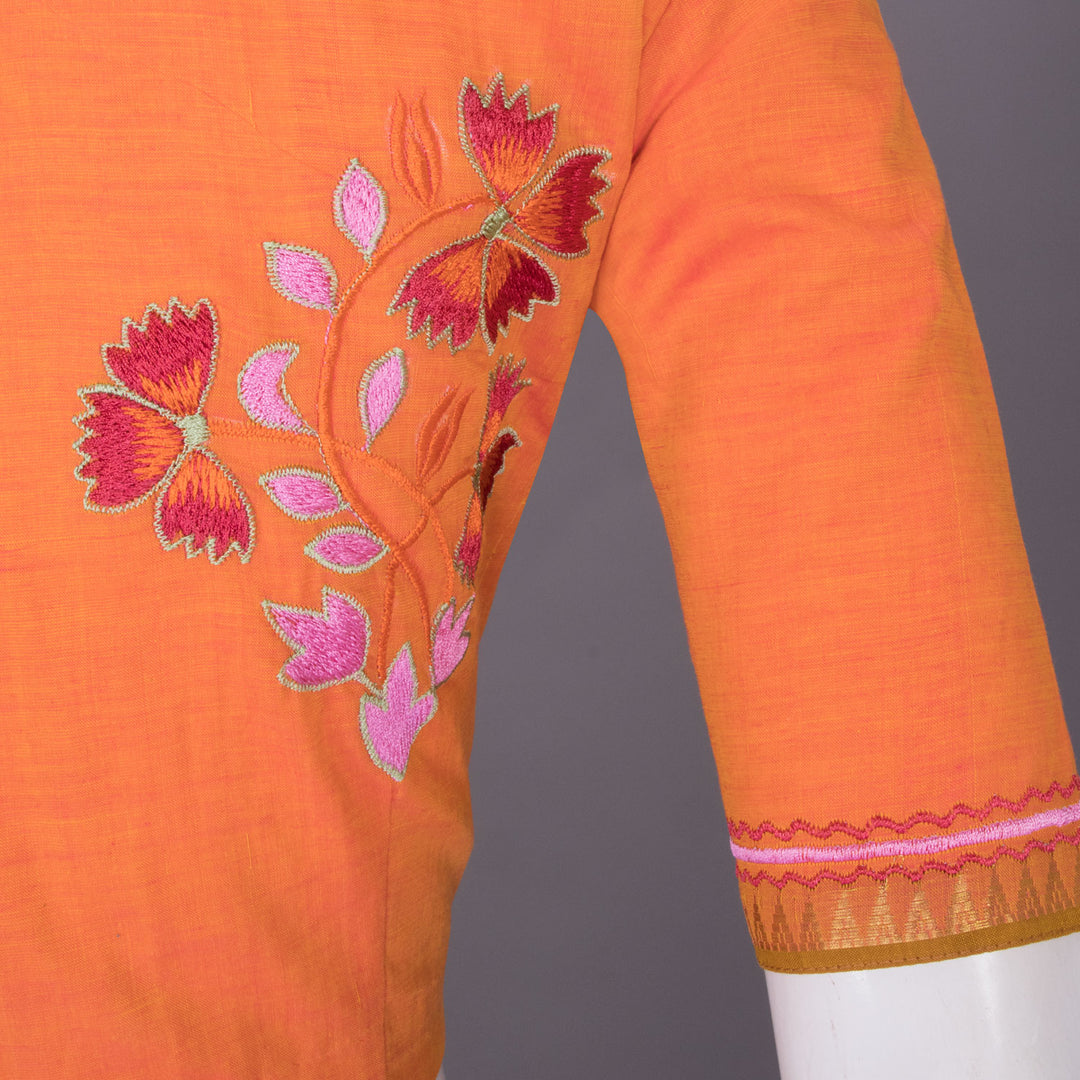 Orange Hand Embroidered Silk cotton Blouse - Avishya