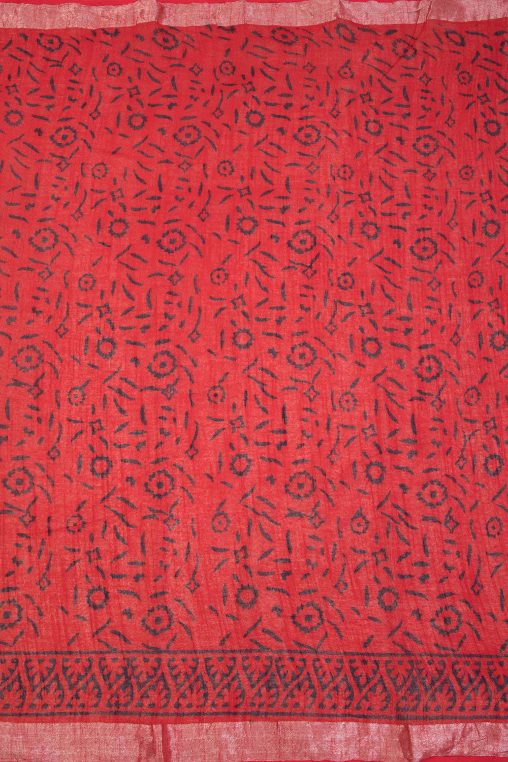 Red Hand Block Printed linen saree 10070874