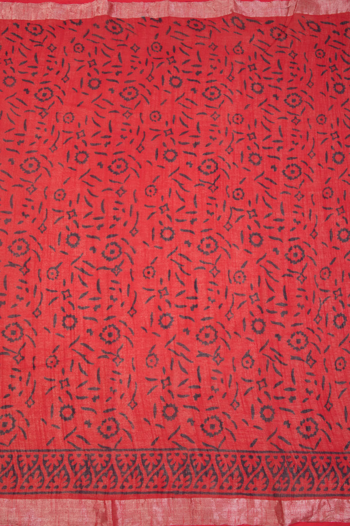 Red Hand Block Printed linen saree 10070874