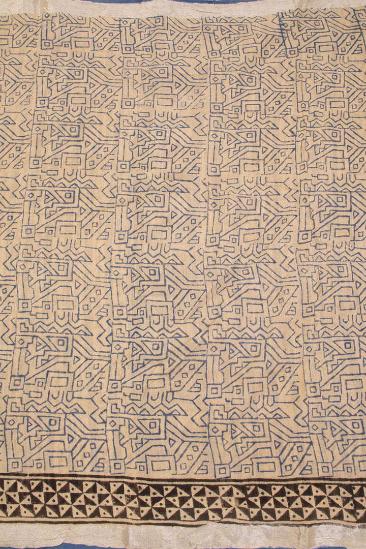 Beige Hand Block Printed linen saree