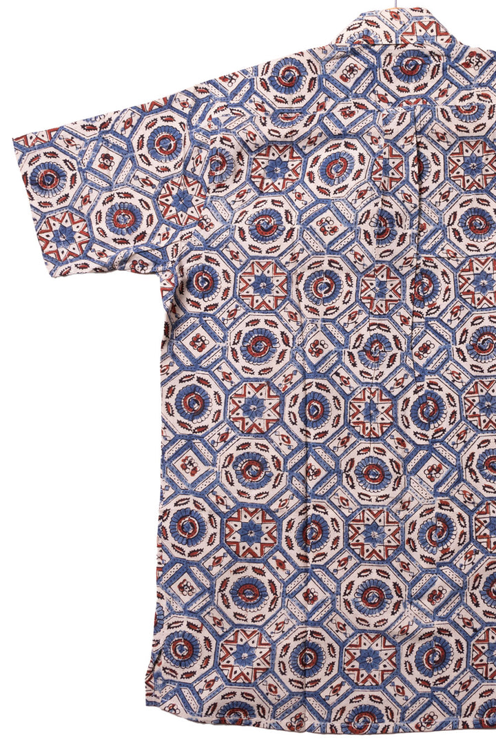 Cream Half Sleeve Ajrakh Printed Cotton Mens Shirt