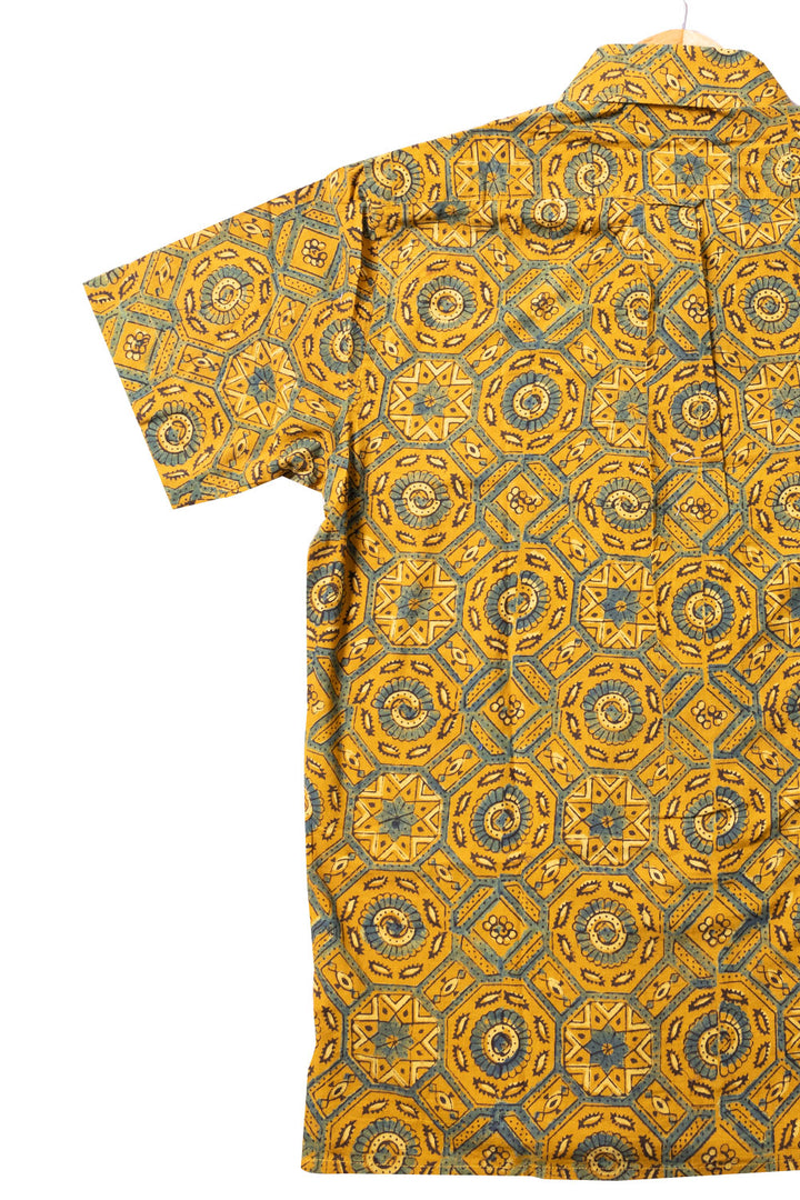 Yellow Half Sleeve Ajrakh Printed Cotton Mens Shirt