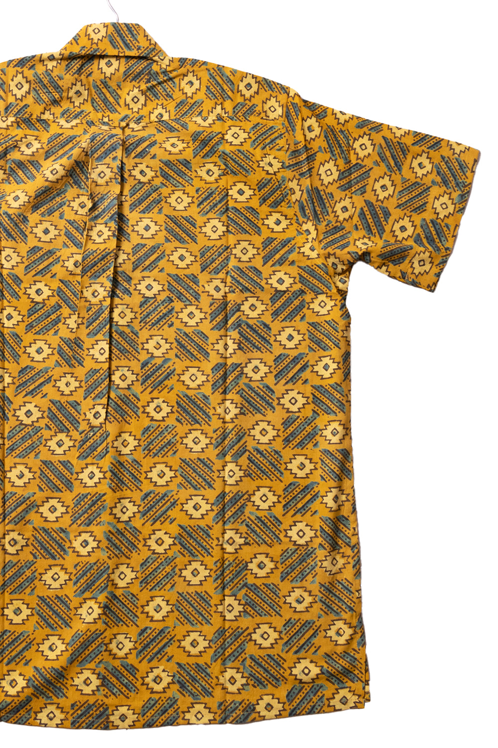 Mustard Yellow Half Sleeve Ajrakh Printed Cotton Mens Shirt