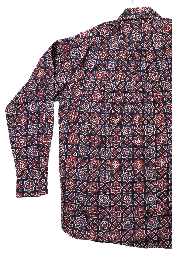 Black Full Sleeve Ajrakh Printed Cotton Mens Shirt 