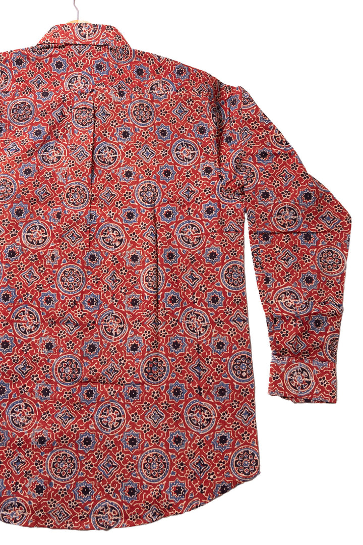 Red Full Sleeve Ajrakh Printed Cotton Mens Shirt