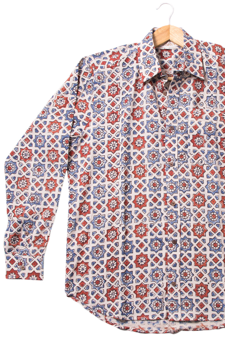 Cream Full Sleeve Ajrakh Printed Cotton Mens Shirt