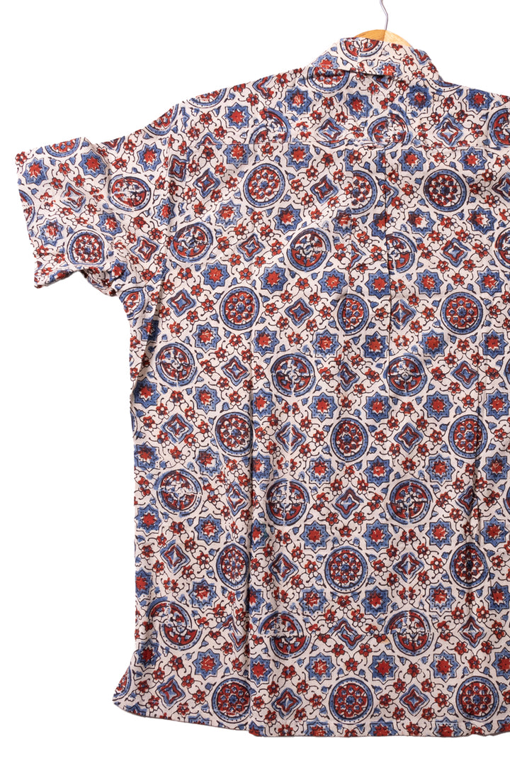 Cream Half Sleeve Ajrakh Printed Cotton Mens Shirt