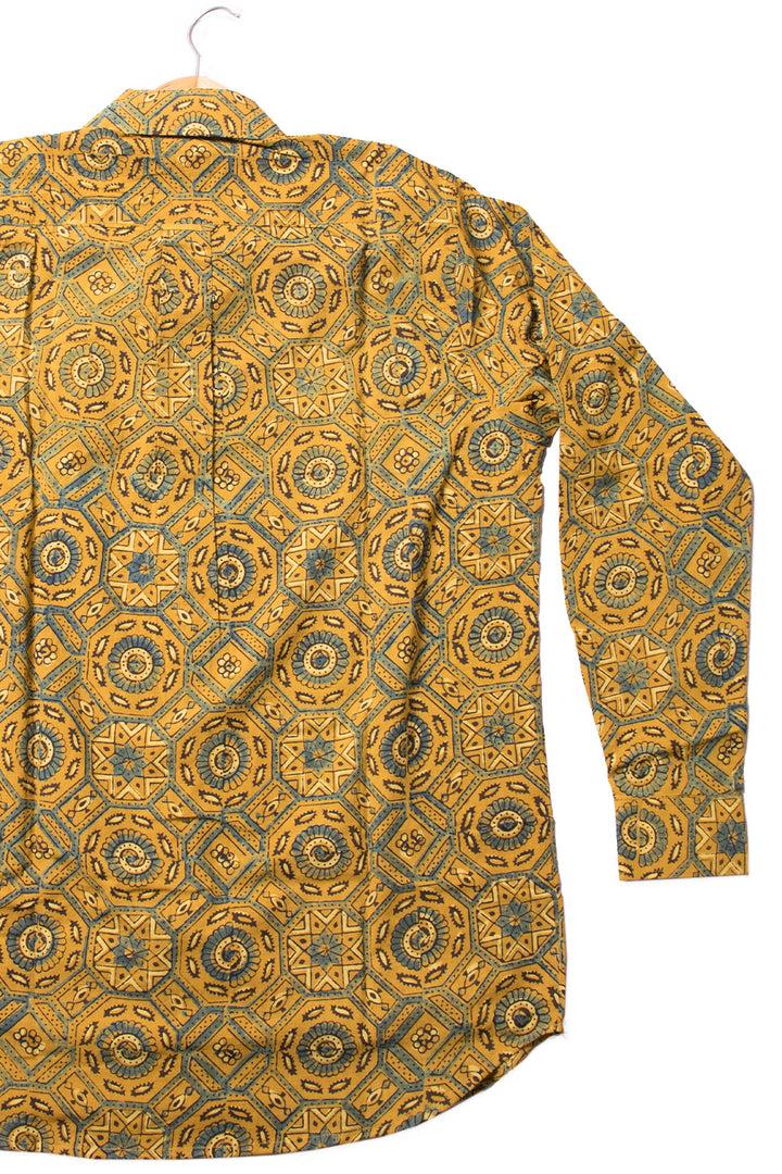 Yellow Full Sleeve Ajrakh Printed Cotton Mens Shirt