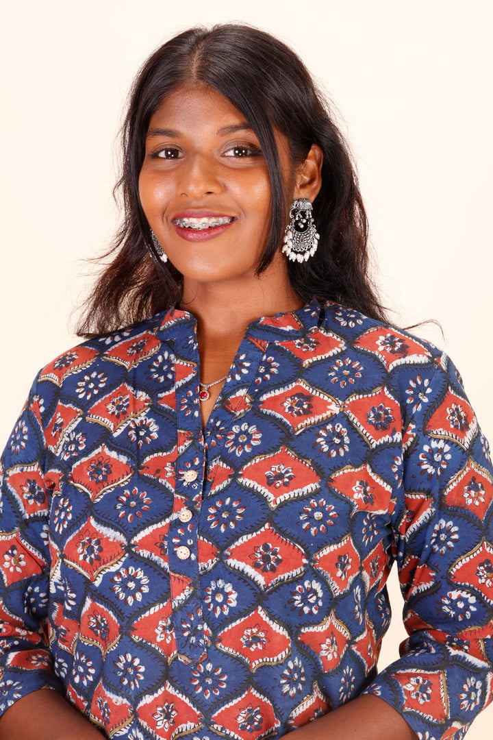 Blue Hand Block Printed Cotton Kurta 10071505