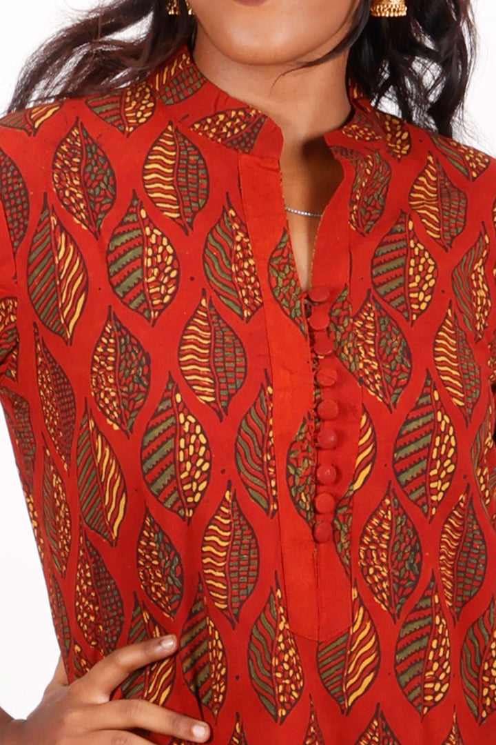 Red Ajrakh Printed Cotton Kurti 