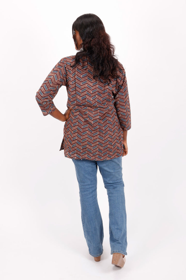 Brown Ajrakh Printed Cotton Kurti 