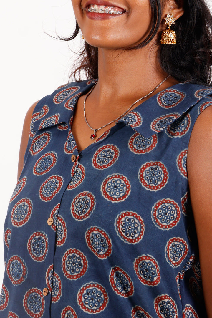 Blue Ajrakh Printed Cotton Kurti 