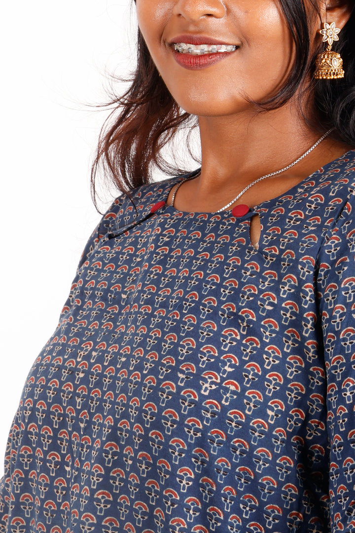 Blue Ajrakh Printed Cotton Kurti