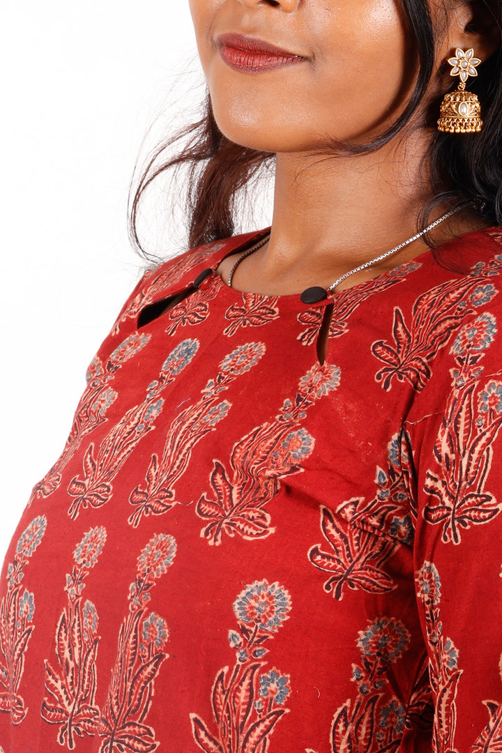 Red Ajrakh Printed Cotton Kurti 