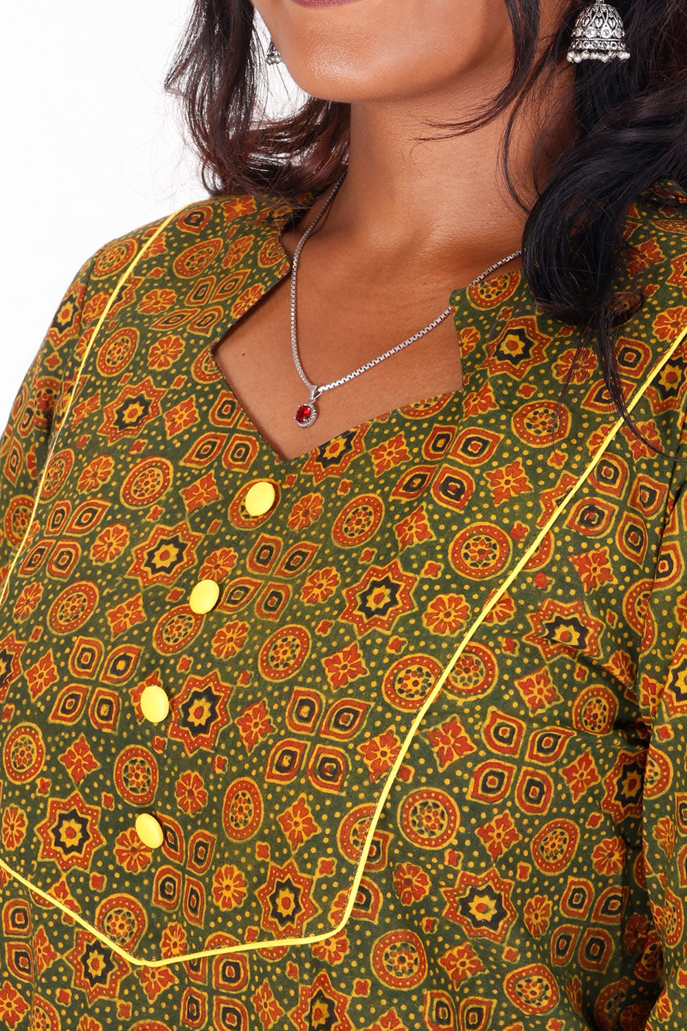 Yellow Ajrakh Printed Cotton Kurti