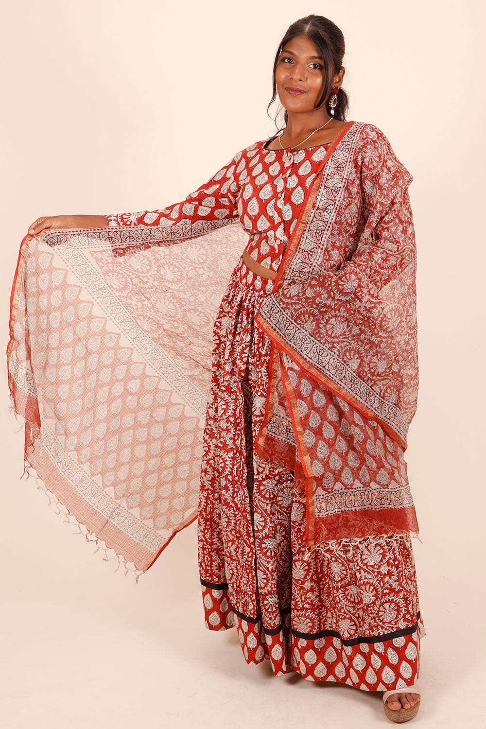 Maroon Hand Block Printed Chaniya Choli With Kota Doria Dupatta