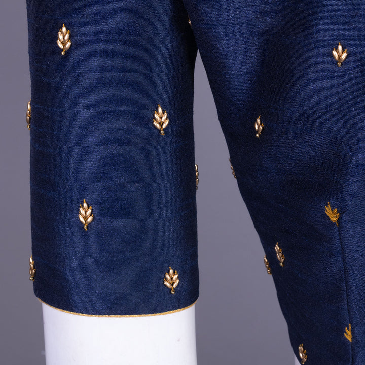 Navy Blue Aari Embroidered  Tussar Silk Blouse