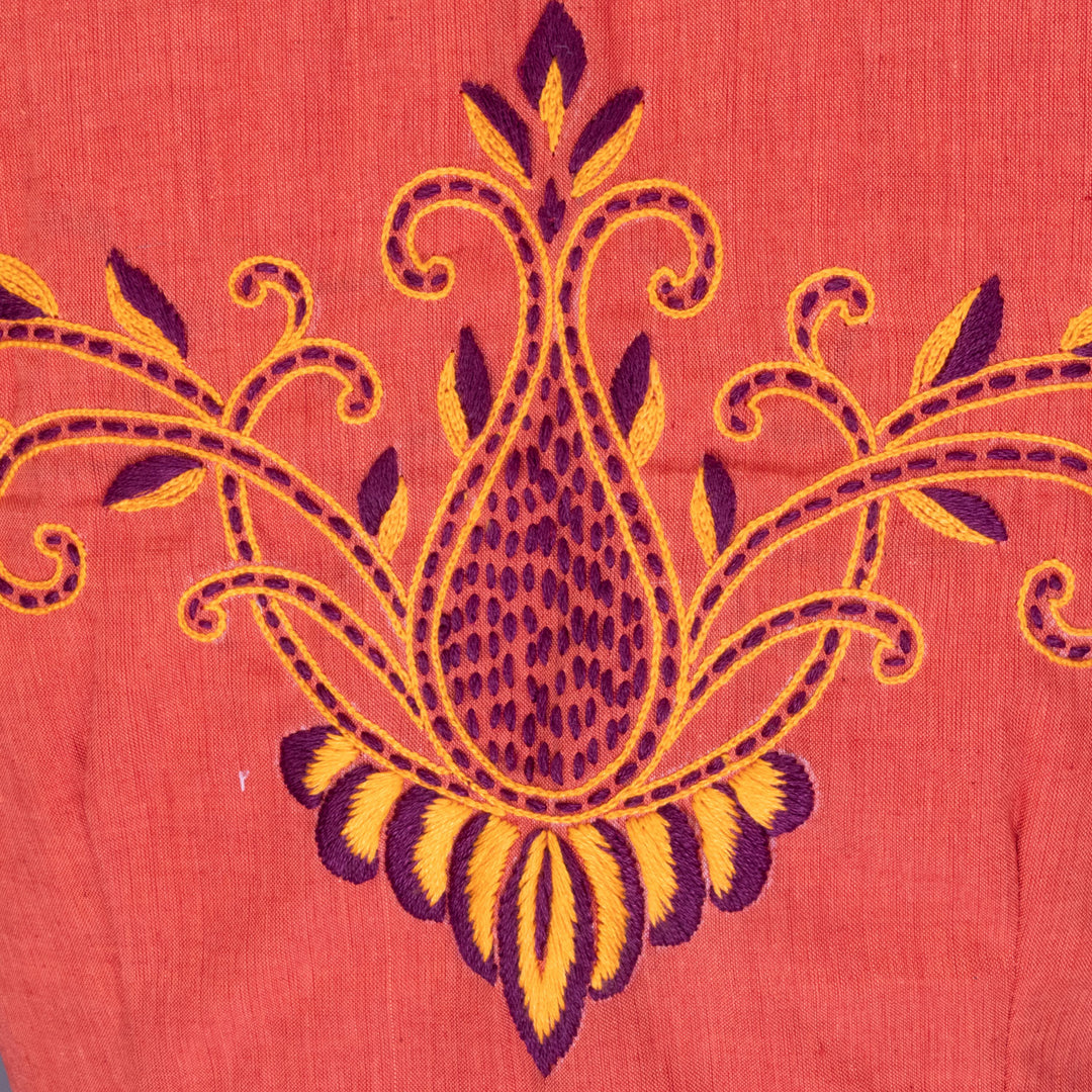 Brick Orange Aari Embroidered Mangalgiri Cotton Blouse 