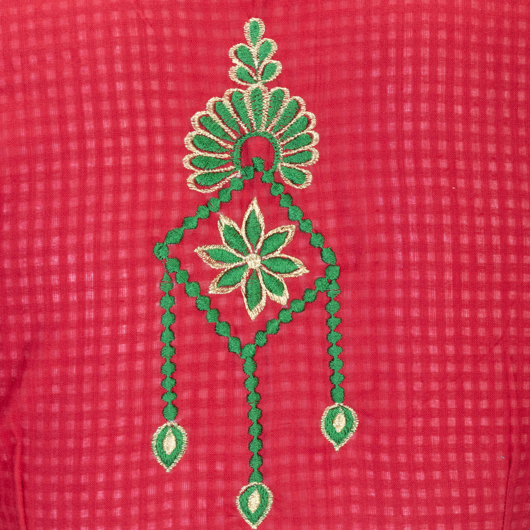 Red Slub Cotton Embroidered Blouse